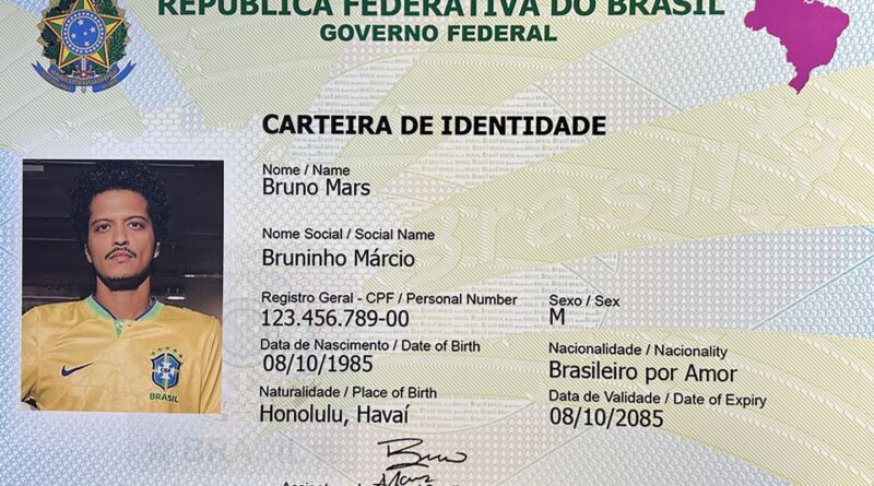 Bruno Mars ganha Carteira de Identidade Nacional gigante em show de BH