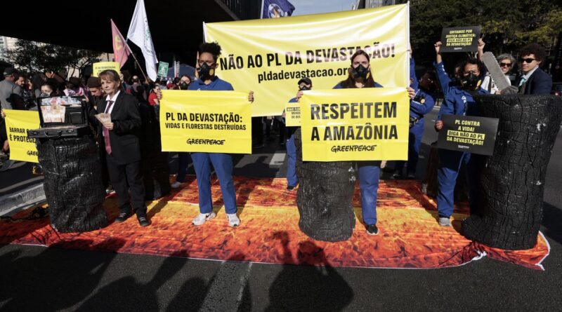 Manifestantes realizam protesto contra o PL da Devastação em São Paulo