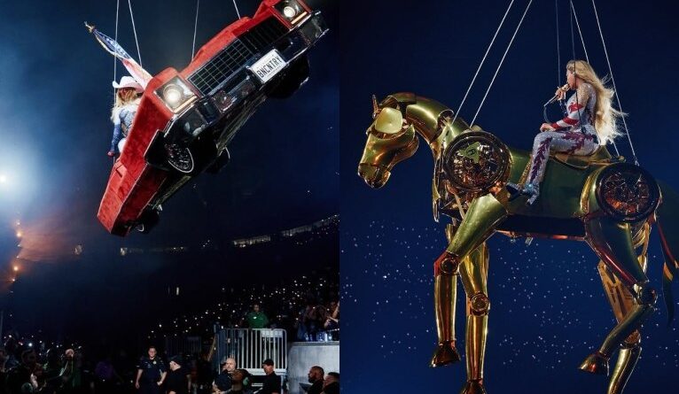Após defeito, Beyoncé troca carro por cavalo voador em show; veja