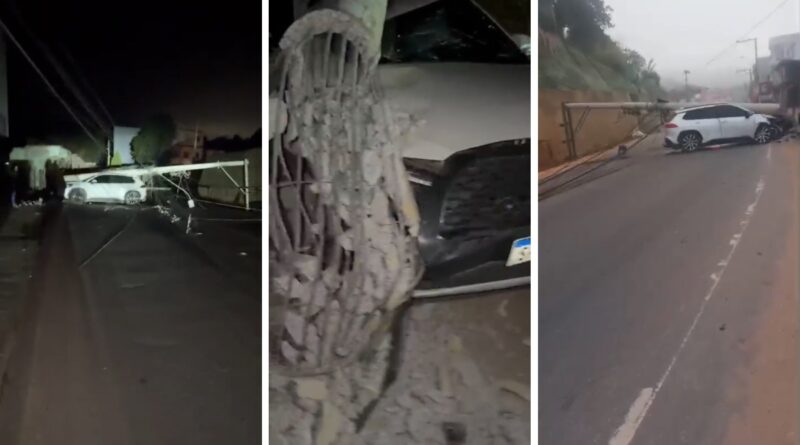 Carro arranca dois postes e complica trânsito na avenida principal em São Domingos do Norte; veja vídeo