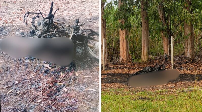 Perícia encontra barra de ferro em corpo carbonizado, restos de roupas e placa de moto em Ecoporanga